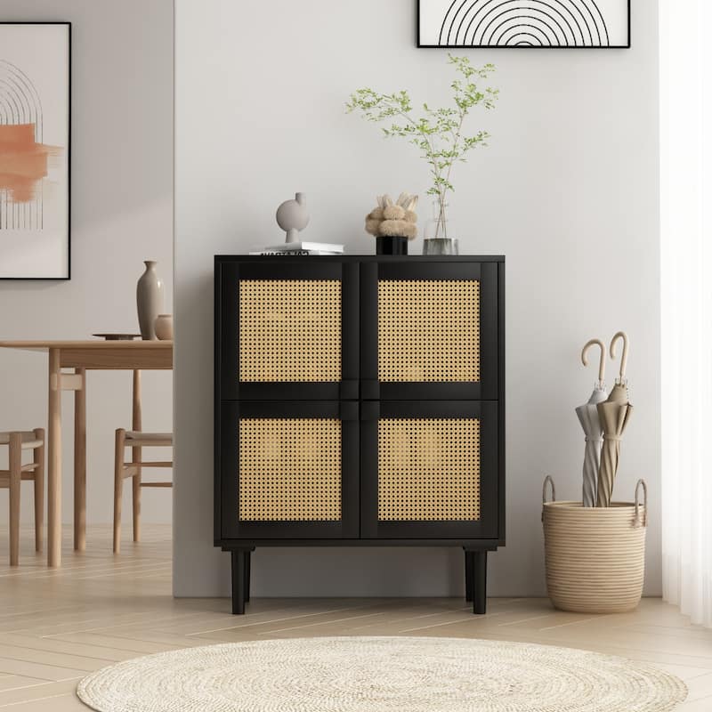 4-Doors Rattan Mesh Storage Cabinet - Black