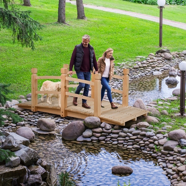 5 Ft Garden Bridge Wooden Arc Bridge with Guardrails - On
