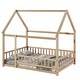 preview thumbnail 13 of 39, Pine Wood Floor Wooden Bed with House Roof Frame, Fence Guardrails for Kids, Boys and Girls