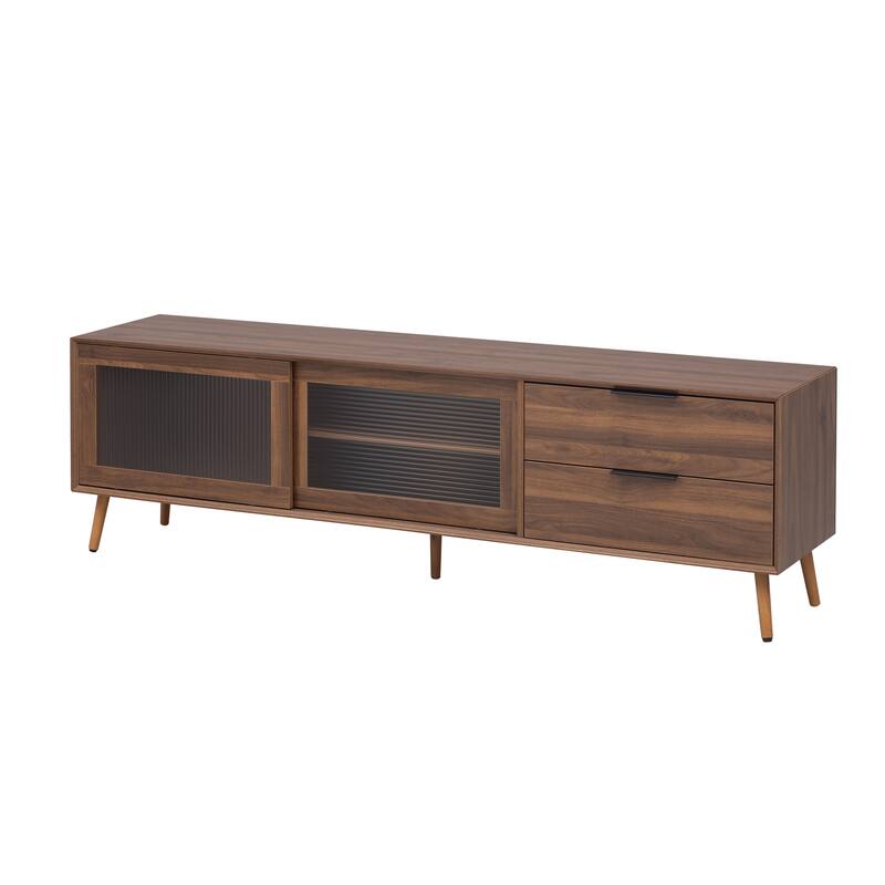 Modern TV Stand for 75"+ TV, TV Console with 2 Glass Doors, Entertainment Center with 2 Drawers & Storage Cabinet