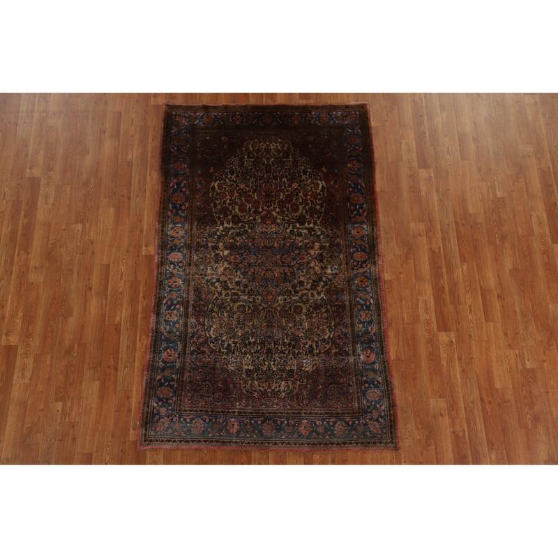 Silk Pre-1900 Antique Kashan Mohtasham Persian Area Rug Hand-knotted - 4'1" x 6'10"
