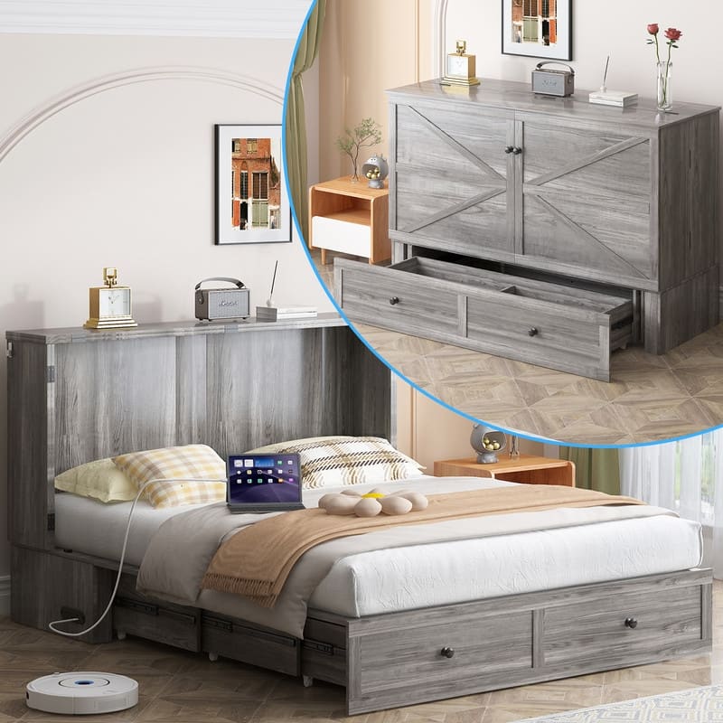 Mixoy Modern Full/Queen Size Murphy Bed Chest with Mattress and Storage - Grey - Full