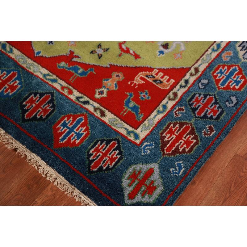 Animals Green Kazak Oriental Area Rug Handmade Wool Carpet - 4'10" x 7'7"