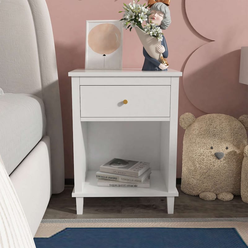 Wooden Nightstand with One Drawer One Shelf for Kids, Adults, White - White
