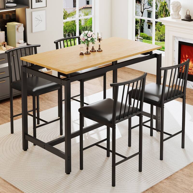 5 Pieces Dining Set, Pub Bar Table Set, PU Stools with Backrest - Black&NaturalWood