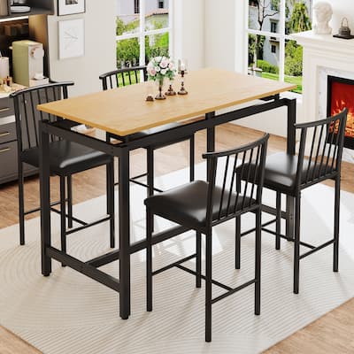 5 Pieces Dining Set, Pub Bar Table Set, PU Stools with Backrest