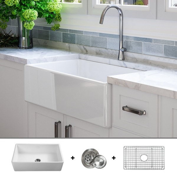 Luxury 33 inch Modern Fireclay Farmhouse Kitchen Sink, Single Bowl, White, Flat Front, includes Drain & Grid, by Fossil Blu