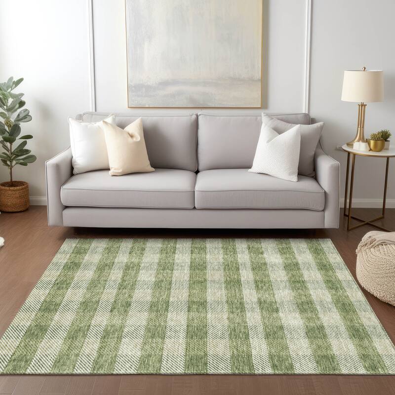 Machine Washable Indoor/ Outdoor Chantille Plaid Stripe Rug