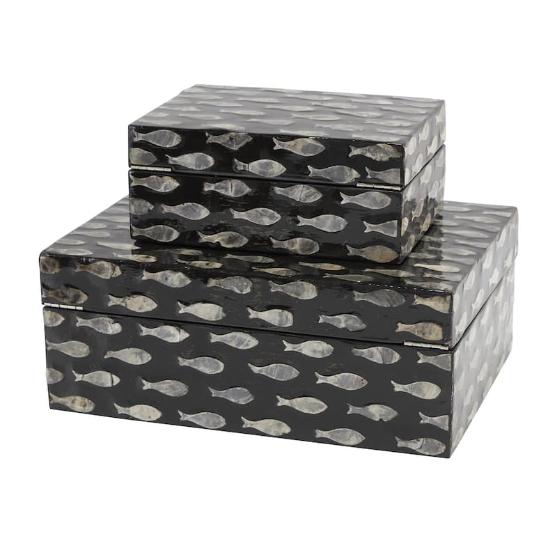 Mother of Pearl Shell Floral Box with Beige Accents - Set of 2 Black - Roche River Decor