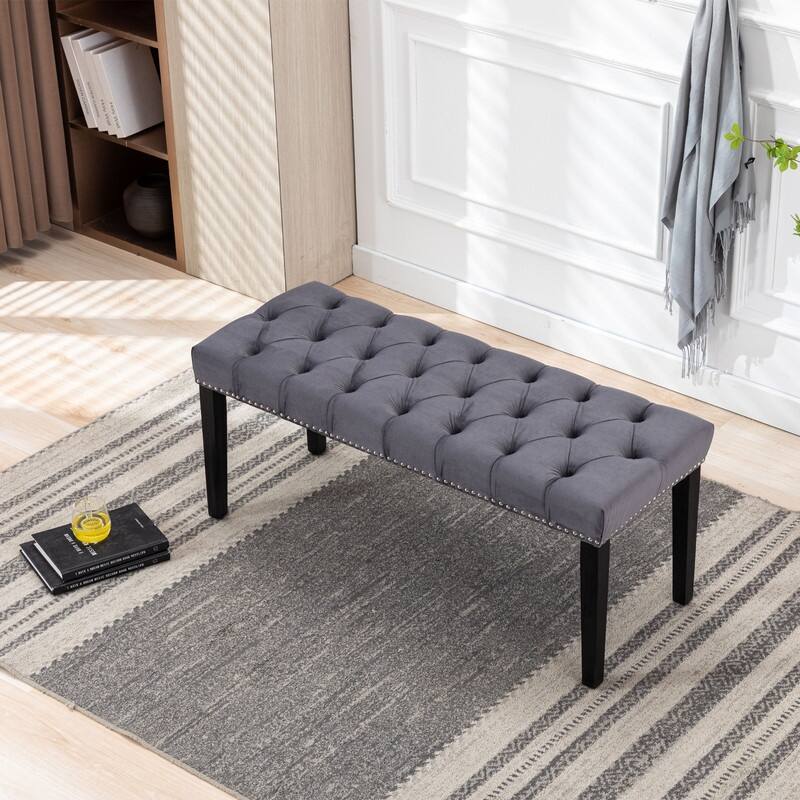 Tufted Velvet Bench Ottoman - Versatile Seating and Footrest for Living Room, Entryway, and Bedroom - Dark Gray