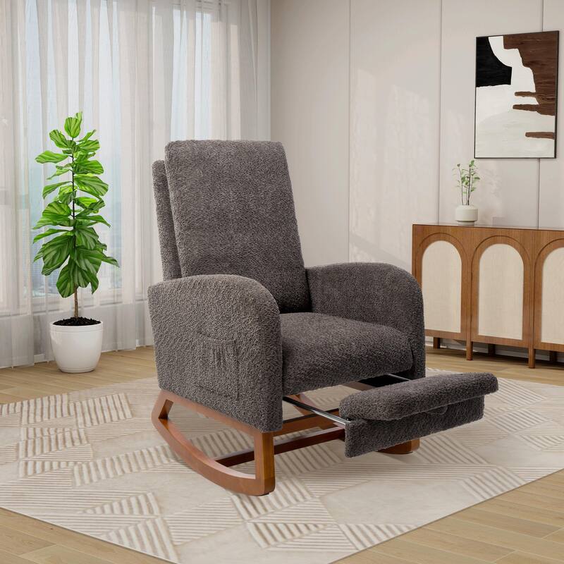 Nursery Rocking Chair, High Back Glider with Retractable Footrest, Side Pocket, Rubberwood Legs for Living Room, Bedroom