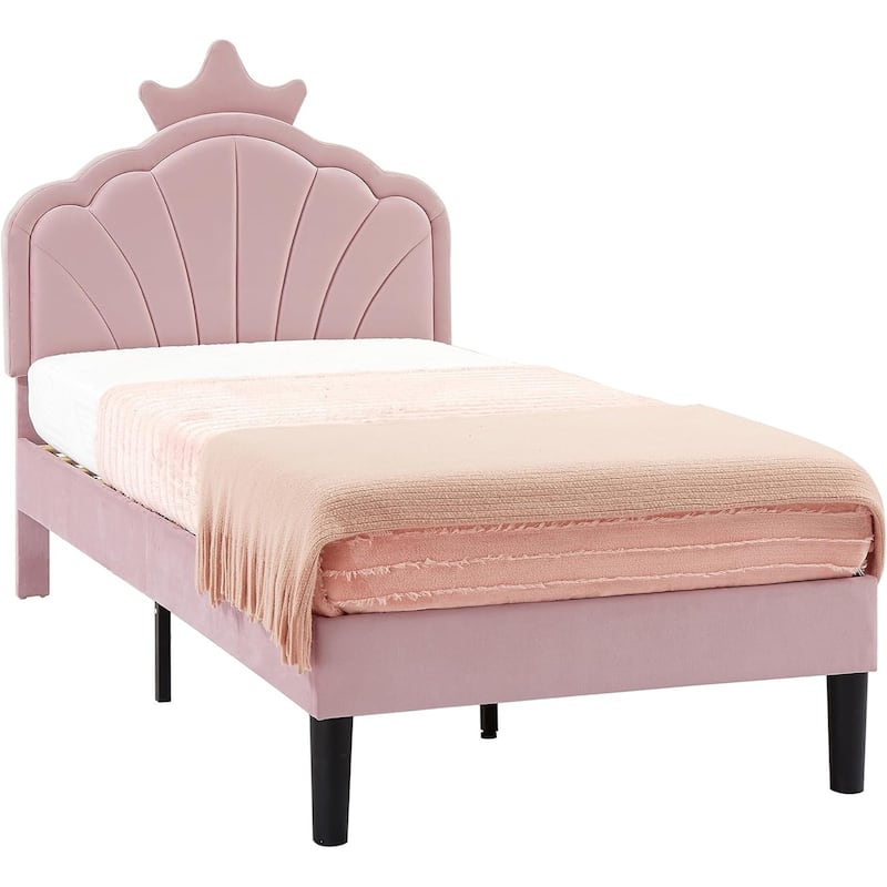 Javlergo Twin Size Platform Bed Frame with Crown Headboard Adjustable Height Upholstered Princess Bed for Kids