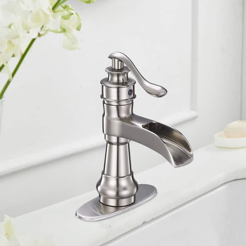Waterfall Single Hole Single-HandleBathroom Faucet With Pop-up Drain Assembly - Brushed Nickel