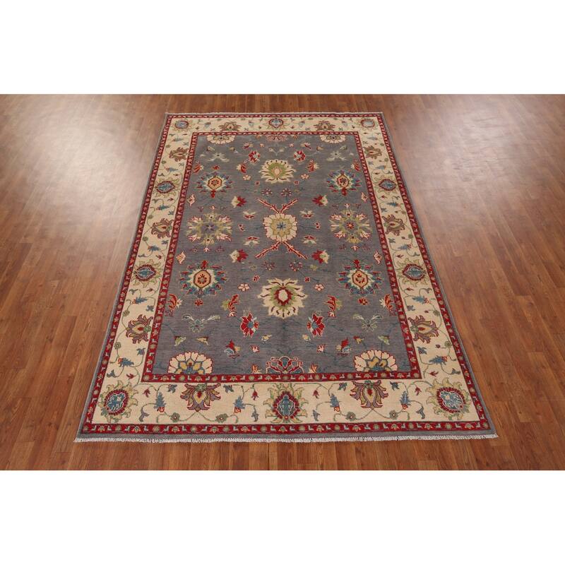 Gray Floral Oushak Oriental Area Rug Hand-Knotted Wool Carpet - 6'0" x 8'11"