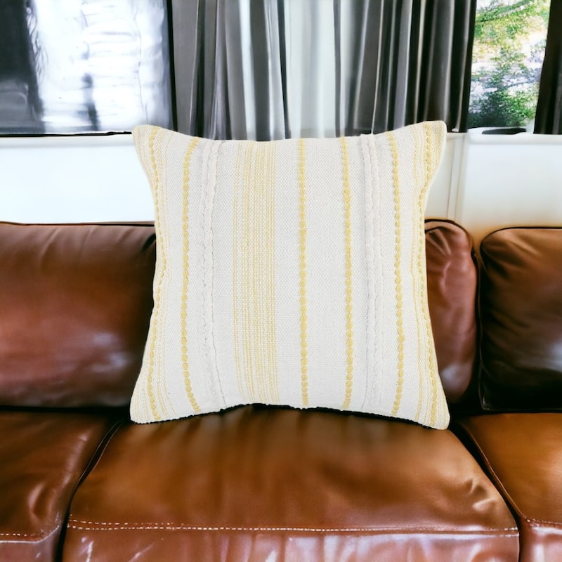 HomeRoots 20" X 20" Yellow and White Striped Cotton Zippered Pillow - Accent - Polyester