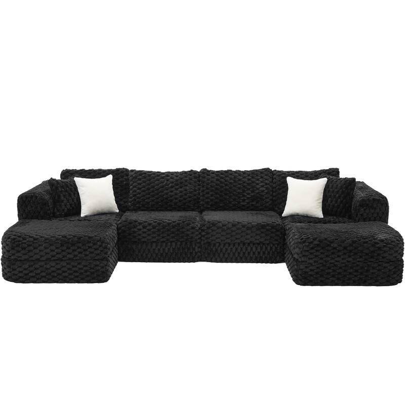 Modular Sectional Sofa with Bubble Velvet Upholstery, 2 Movable Ottomans and 4 Throw Pillows for Living Room