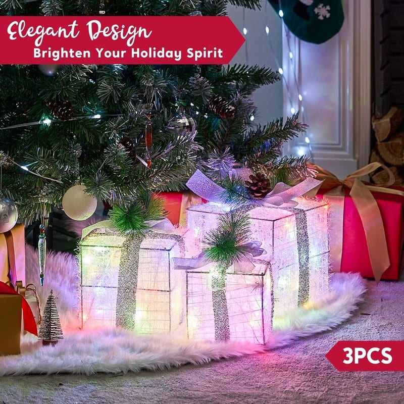 Christmas Lighted Gift Boxes - Set of 3 Iridescent Present Boxes for Indoor Holiday Décor