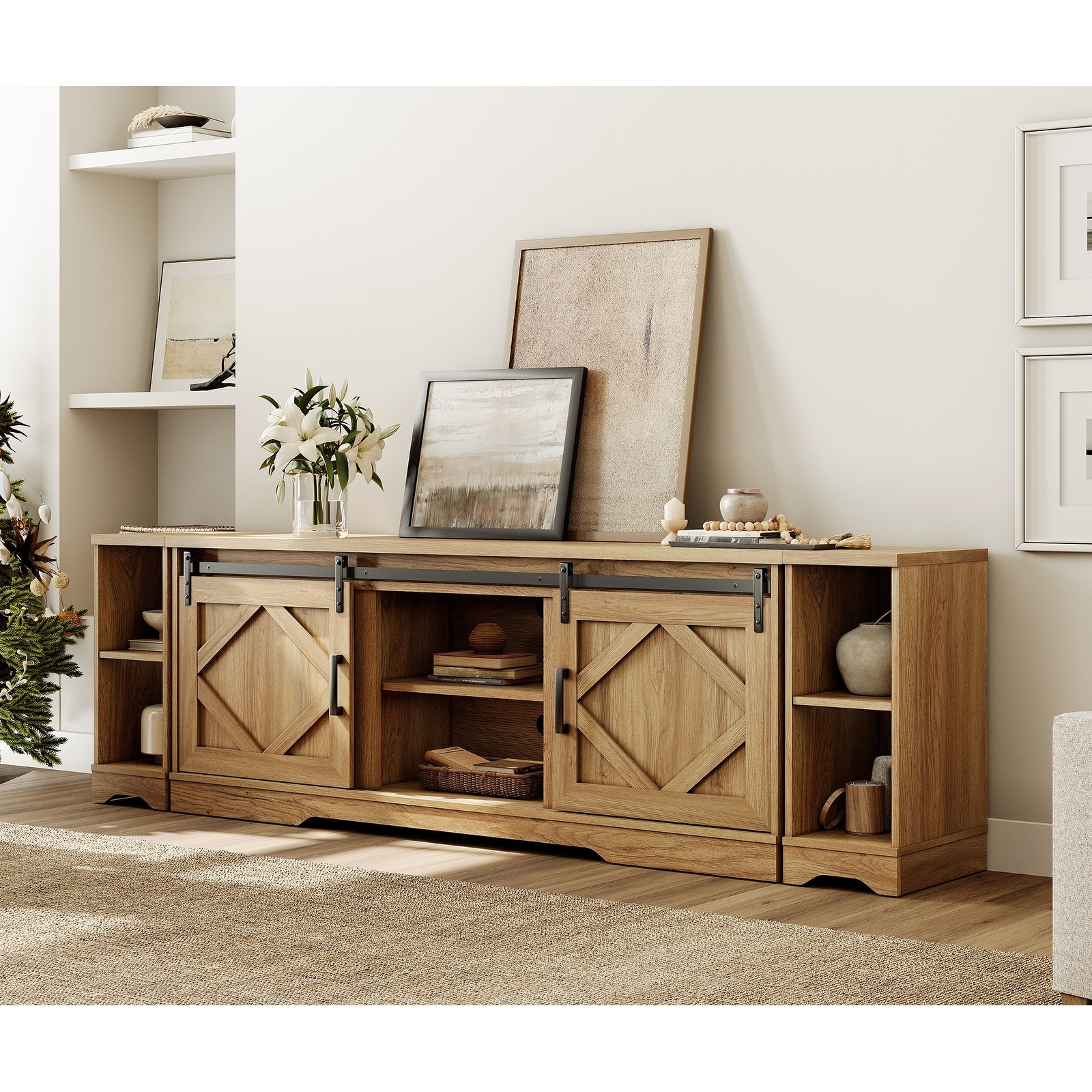 Farmhouse TV Stand Modern Sliding Barn Door Entertainment Center