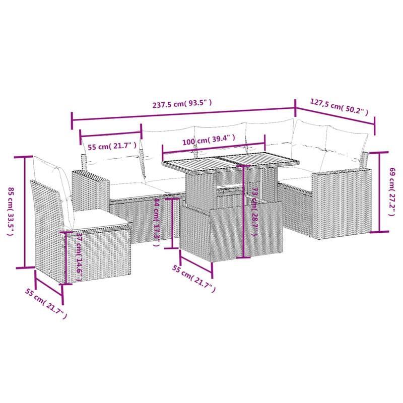 vidaXL Patio Sofa Set with Cushions Outdoor Furniture 7 Piece Poly Rattan - 24.4 x 24.4 x 27.2