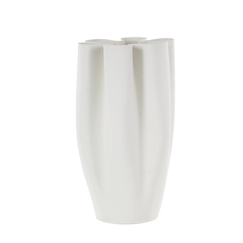 Ceramic Abstract Ribbed Dimensional Folded Decorative Vase with Floral Shaped Rim - White - Roche River Decor