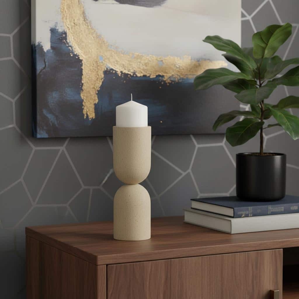 11" Beige Metal Tabletop Pillar Candle Holder