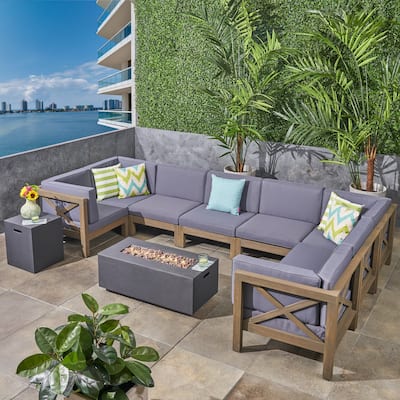 Brava Outdoor Acacia Wood 8 Seater U-Shaped Sectional Sofa Set with Fire Pit by Christopher Knight Home