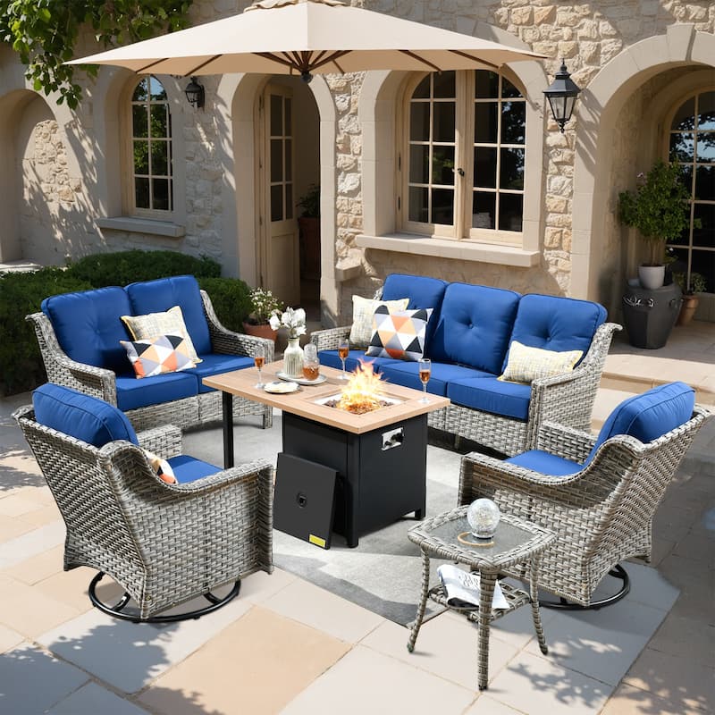 XIZZI 6-piece Outdoor High-back Furniture Swivel Chair Set with Fire Pit - Navy Blue
