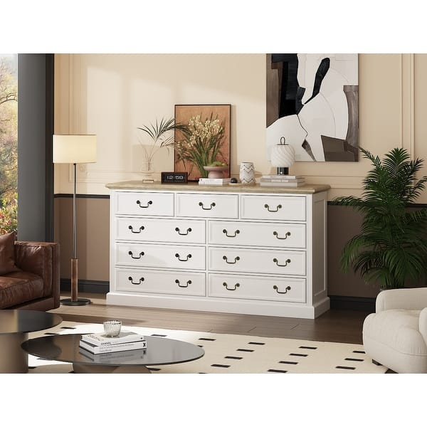 Nine - drawer Chest Dresser: White Finish with a Rustic - wood Top and Antique - brass Handles for a Classic Look - Bed Bath & Beyond - 42669540 Nine - drawer Chest Dresser: White Finish with a Rustic - wood Top and Antique - brass Handles for a Classic Look - Bed Bath & Beyond - 42669540