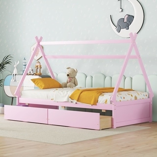 Twin Size House-Shaped Platform Kids Bed Frame with Headboard, Footboard, and Two Storage Drawers, Easy to Assemble, Pink