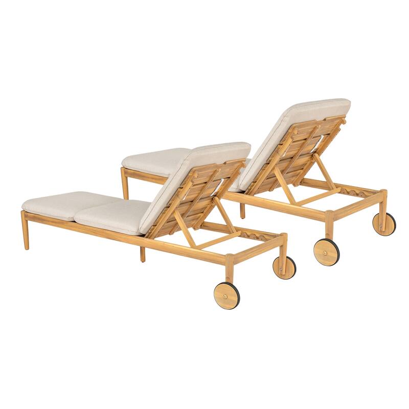 Roomfitters Riviera Outdoor Acacia Wood Chaise Lounge with Wheels and Cushion, Teak Finish Set of 2