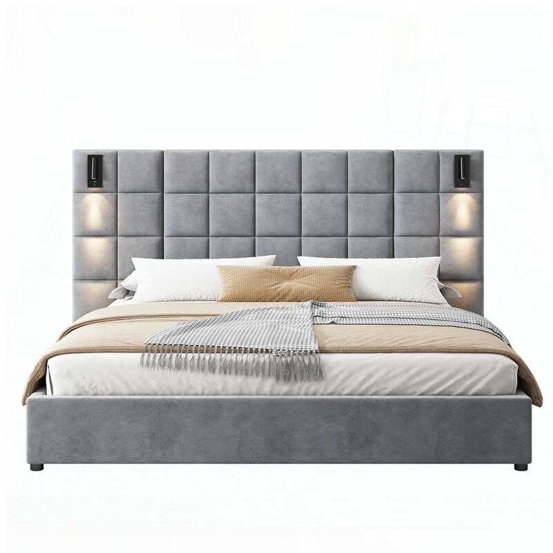 wide headboard Upholstered bed with reading lamp and USB port
