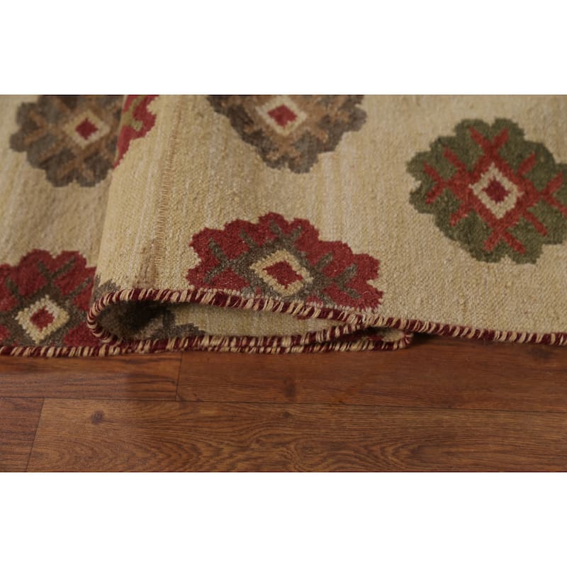 Kilim Oriental Area Rug Hand-Woven Beige Wool Carpet - 7'6"x 9'10"
