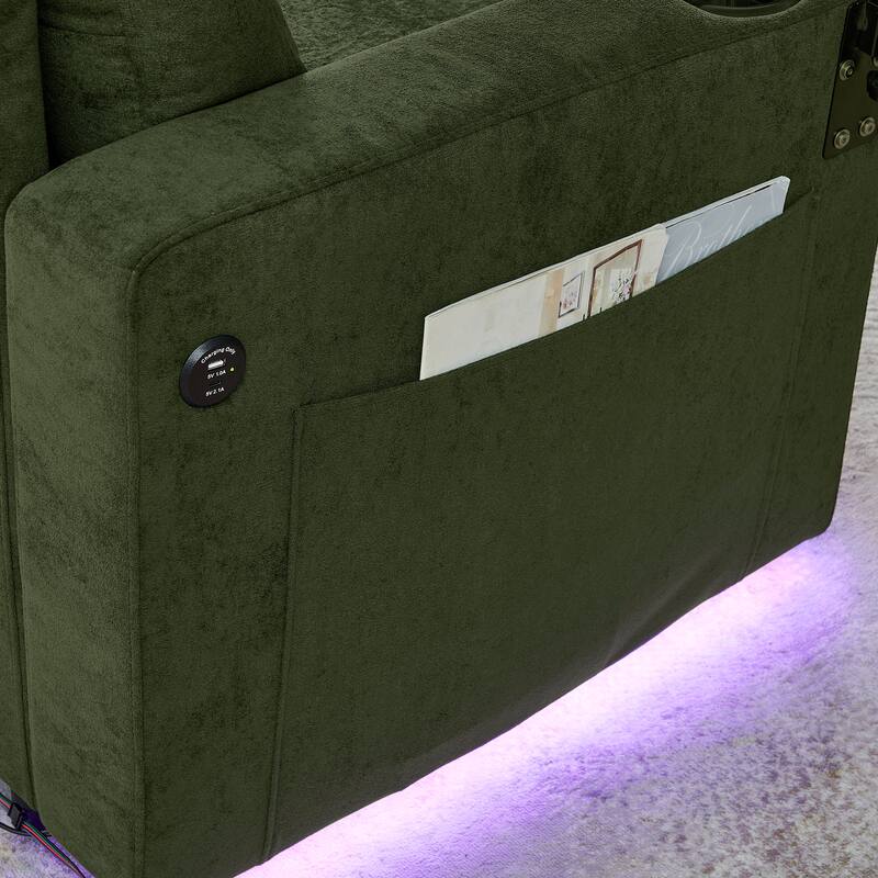 Pull Out Sleeper Sofa Bed Chenille L-shaped Sectional Couch with Storage Chaise, Retractable Table, LED, USB and Cup Holders