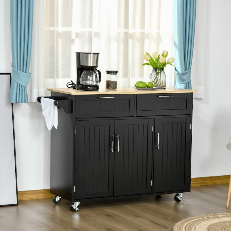 HOMCOM 48" Modern Kitchen Island Cart on Wheels with Storage Drawers, Rolling Utility Cart with Adjustable Shelves, Cabinets - Black