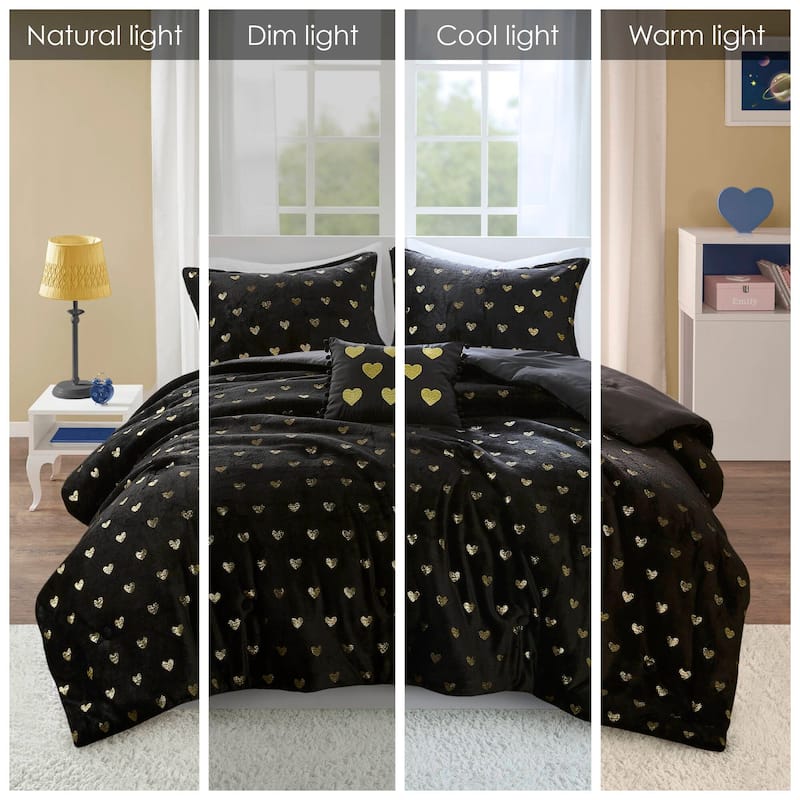 4 PCS Full/Queen Metallic Printed Plush Comforter Set with Throw Pillow Black/Gold