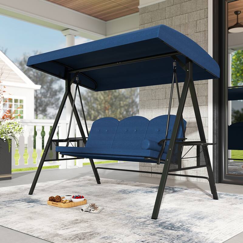 3-Person Patio Swing Chair with Adjustable Canopy and Cushions Side Trays for Outdoor Relaxation - 77" × 47" × 65" - Navy