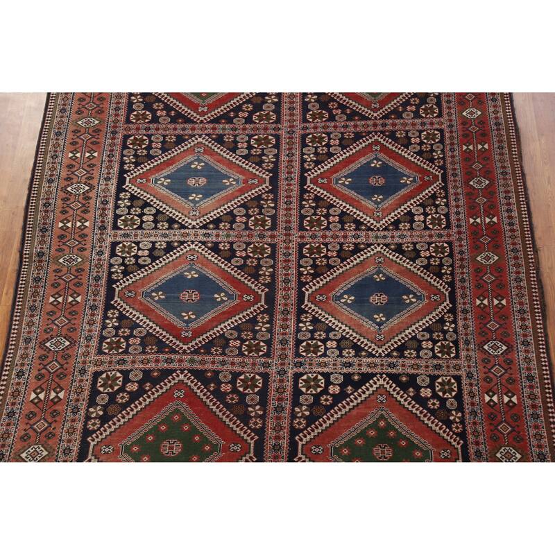 Hand Knotted Oriental 100% Wool Carpet Traditional Geometric Navy Blue & Blues Yalameh Area Rug - 10' 11'' X 7' 6''