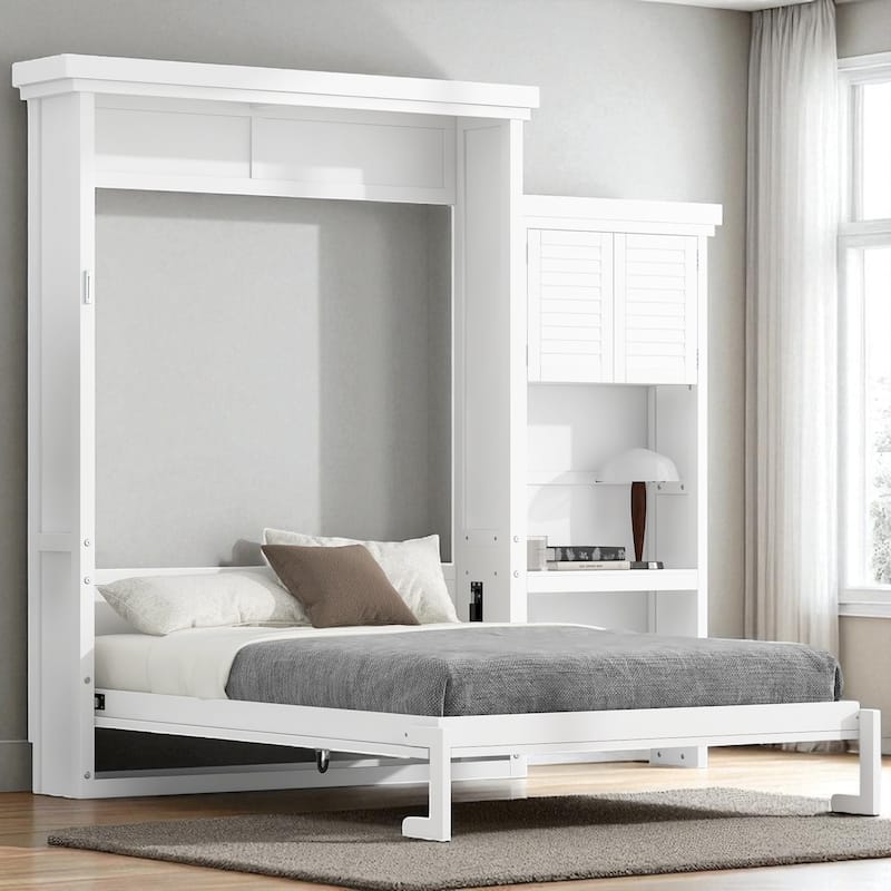 Queen Murphy Wall Bed with Storage Shelves, Louvered Design, Solid Pine/MDF, 600 lb Capacity, 8-10 in Mattress
