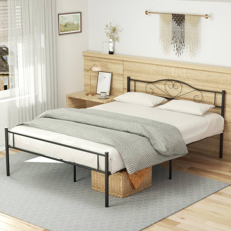 VECELO Victoria Metal Platform Bed Frames with Heart Pattern Headboard 12.6" Underbed Space No Box Spring Required