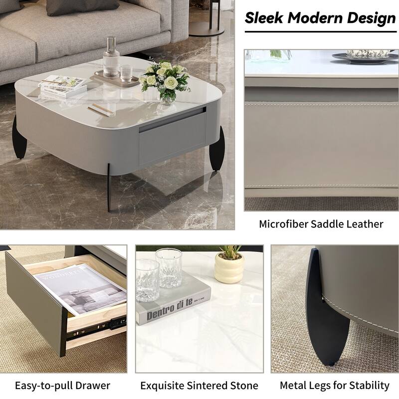 Rounded Square Sintered Stone Coffee Table Microfiber Saddle Leather - 32"