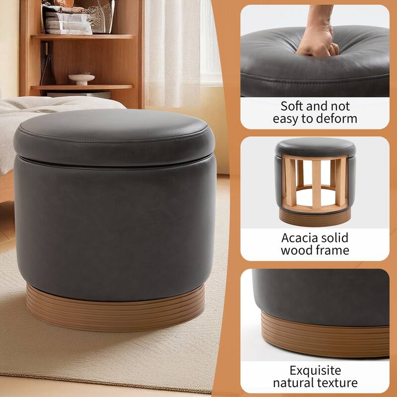 Round Swivel Storage Ottoman Footstool with Flip-top and Acacia Frame