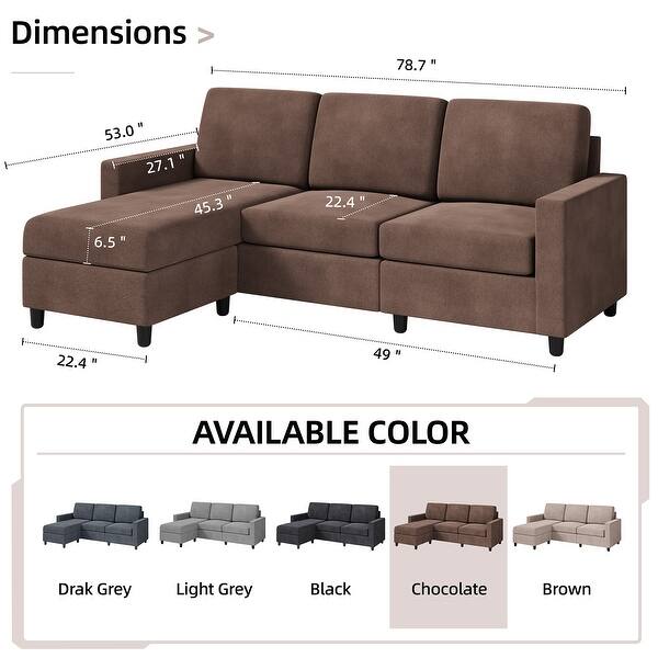 dimension image slide 2 of 6, Futzca Modern L-shaped Convertible Sectional Sofa w/ Reversible Chaise