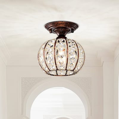 Thyri Caged Globe Semi-Flushmount Celing Lamp with Crystal Ornaments Antique Copper - Antique-Copper