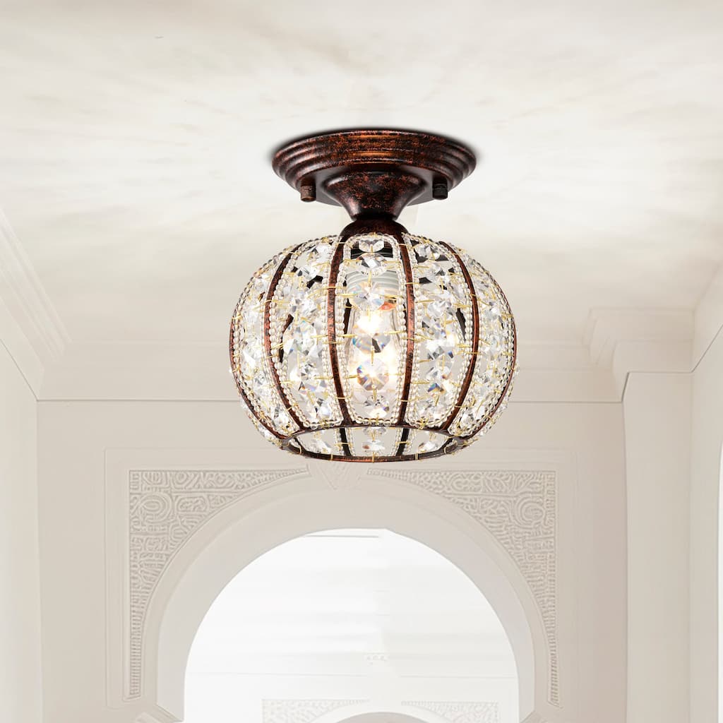 Thyri Caged Globe Semi-Flushmount Celing Lamp with Crystal Ornaments Antique Copper - Antique-Copper