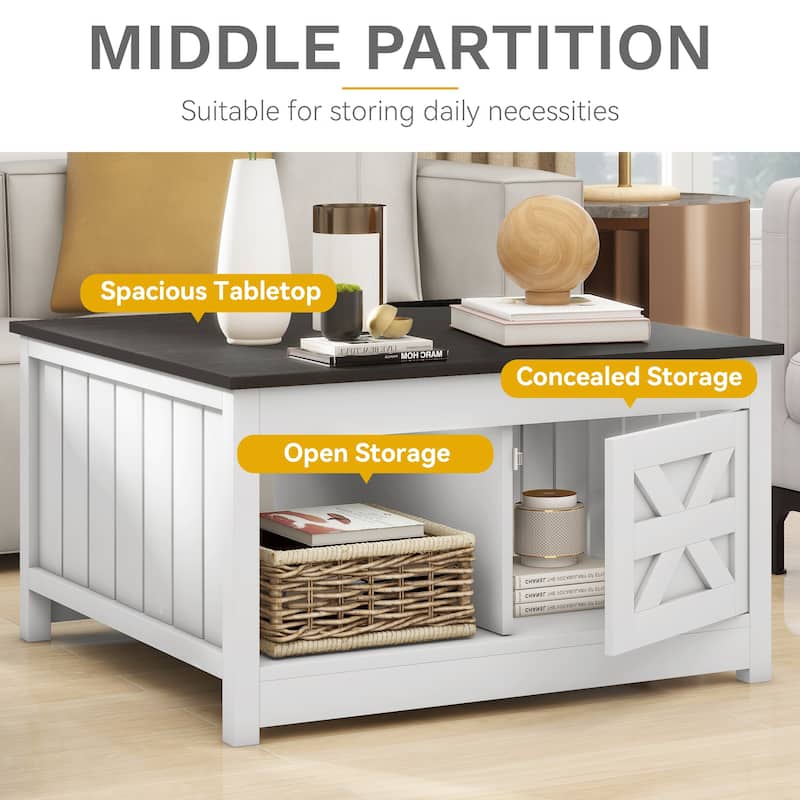 Moasis Farmhouse Coffee Table Wooden Square Center Table with Sliding Barn Door Small Coffee Table with Half Open Storage