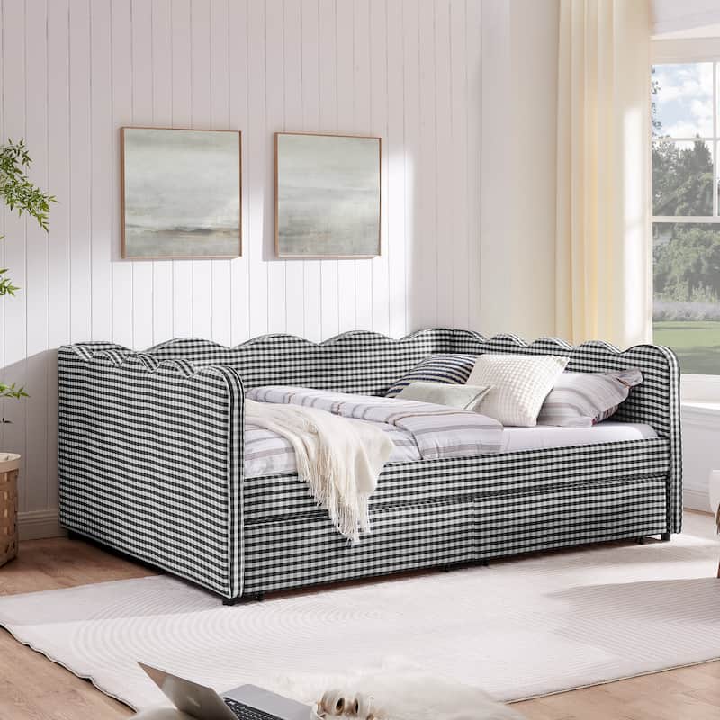 Full/Queen Gingham Daybed with 2 Storage Drawers, USB Port & Wave Shaped Linen Fabric