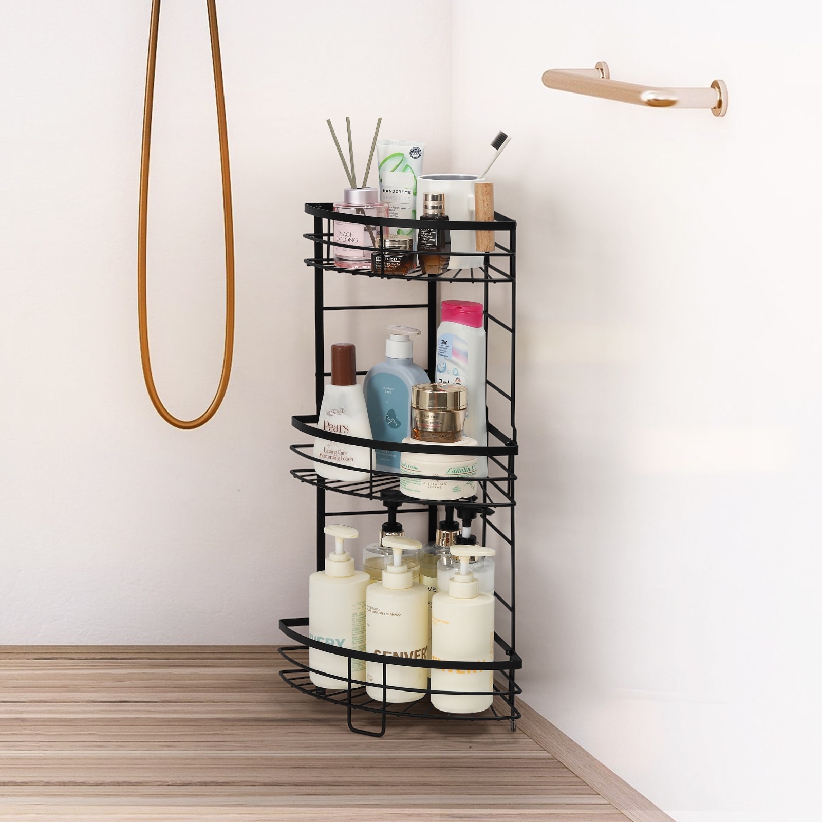 JJINXIAMU Corner Shelves - 3-Tier Bathroom Storage Stand For Tight Spaces, 31.5"H, Black PVC