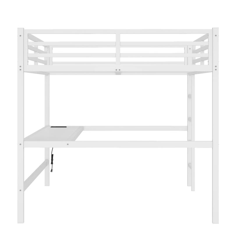 Queen Size Metal Loft Bed with Desk, USB Charging, LED Lights, and Power Outlet