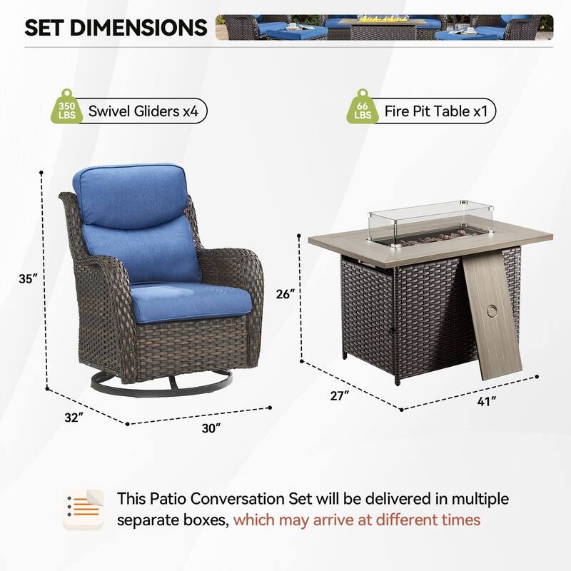 5 Pieces Outdoor Swivel Chairs Fire Pit Table with 5-Inch Thick Cushions