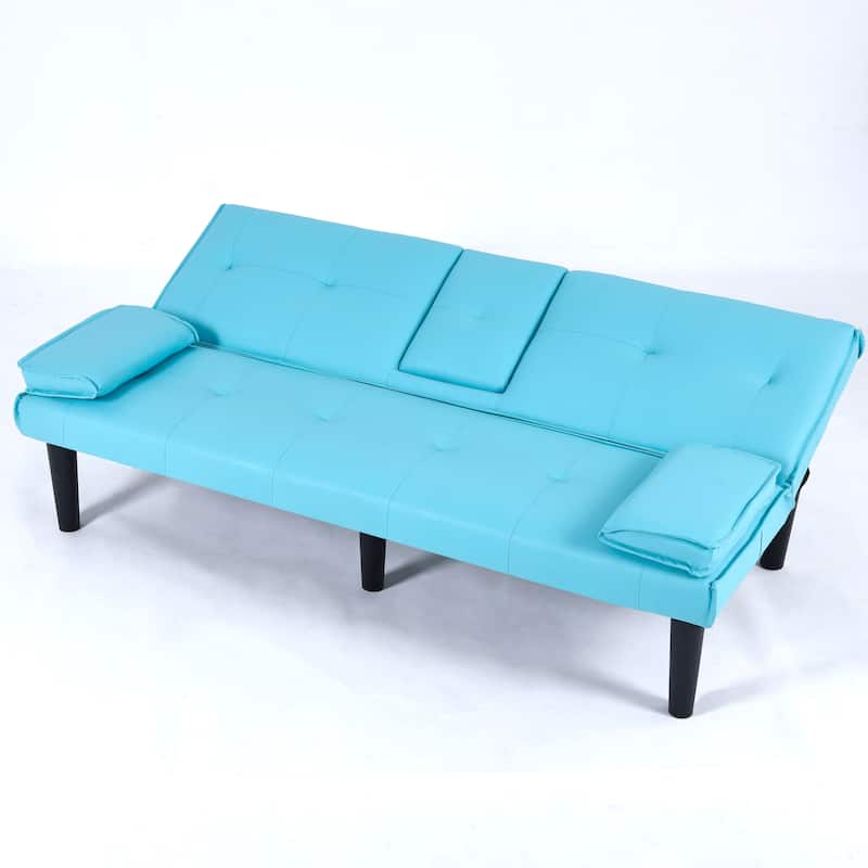 Convertible Loveseat Couch Adjustable Faux Leather Sleeper Sofa Bed with Coffee Table, Cup Holders and Removable Pillow Armrests